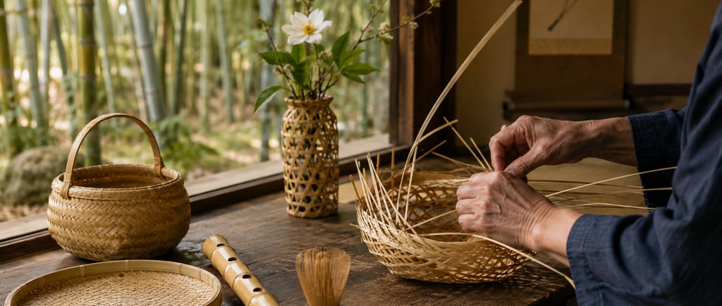 An artisan weaving a traditional Japanese bamboo basket by a window overlooking a bamboo forest.