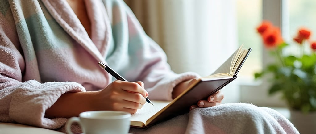 sunday self care reflecting journaling, person with journal, relaxed in robe with pen in hands