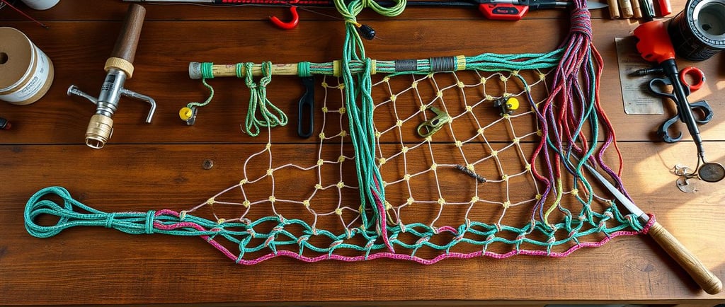 a fishing net using colorful paracord, with detailed knots and techniques
