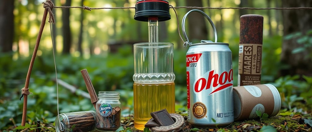 An assortment of innovative survival hacks in a natural setting, featuring items like a makeshift fi