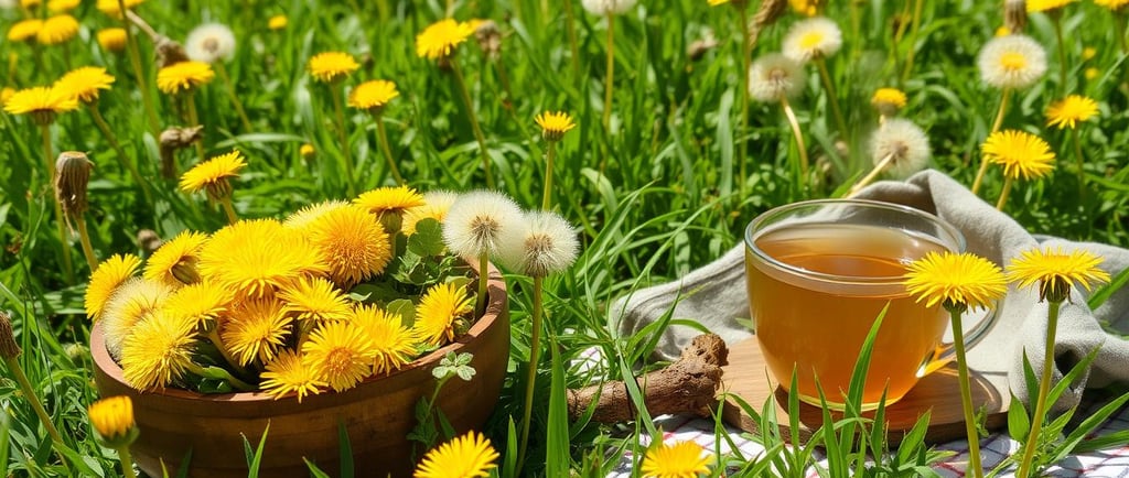 Sunlit meadow filled with bright with lush green grass, dotted yellow dandelions in full bloom.