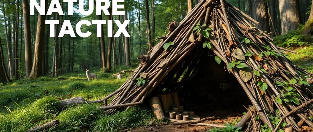  a natural camouflage shelter made of branches, leaves, and grass integrated into the forest 
