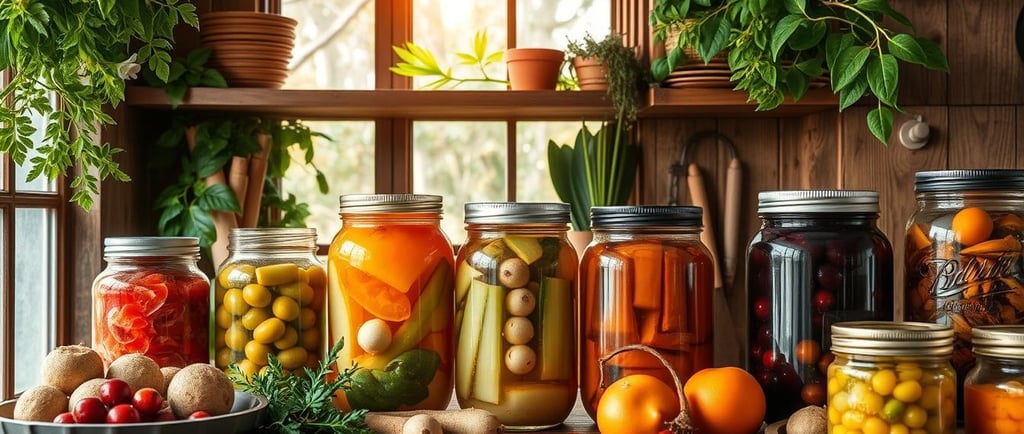 various home canned goods in kitchen setting with plants