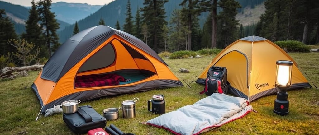 A collection of lightweight camping gear laid out on a grassy campsite.