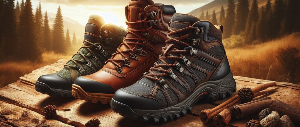a variety of hiking boots with mountains in background