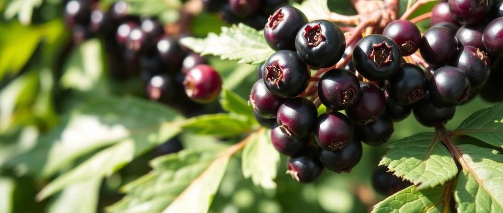 A close-up of vibrant elderberries on the stem, surrounded by lush green leaves,