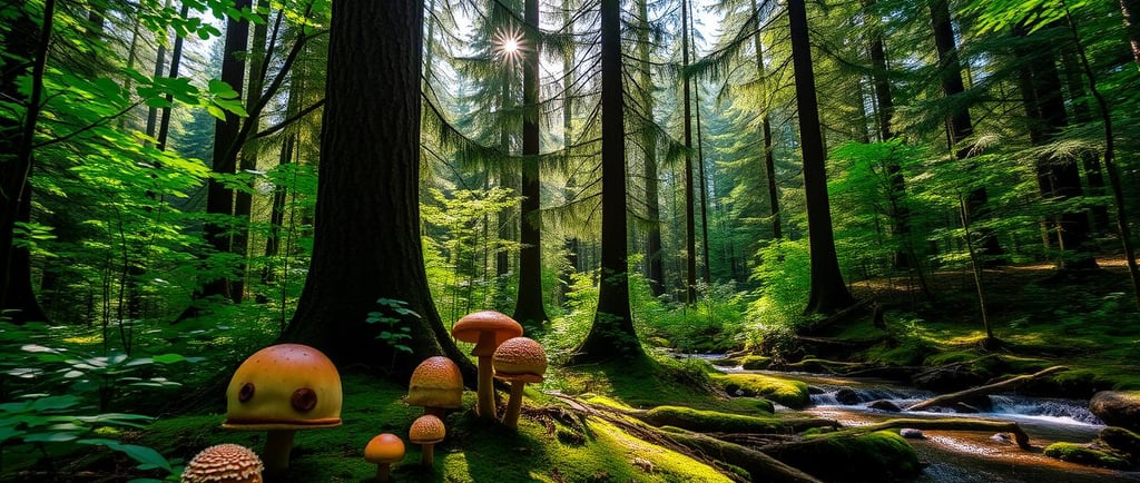 forest scene, diverse mushroom species, rich, earthy tones