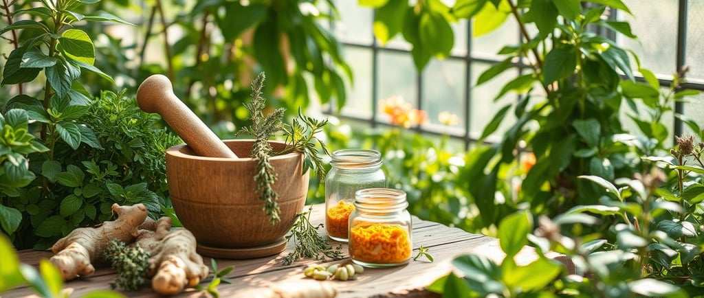 a serene herbal garden with plants known for pain relief