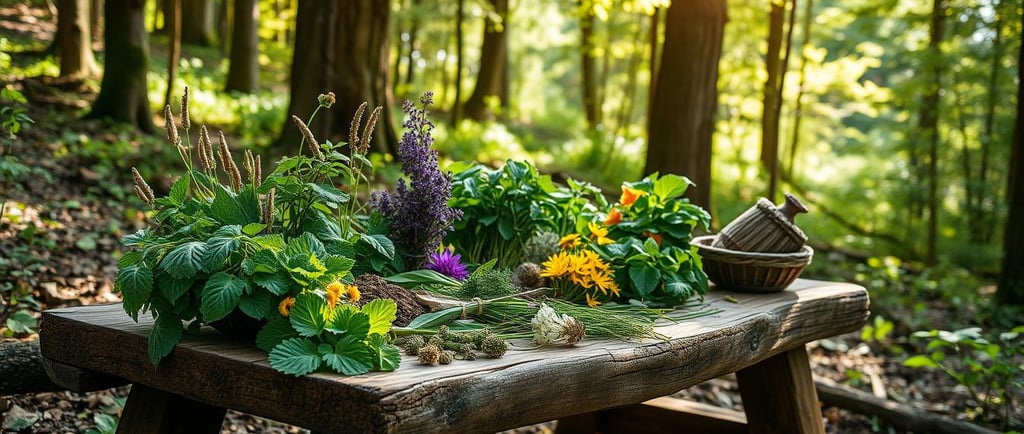 various herbs and flowers on picnic table, forest setting