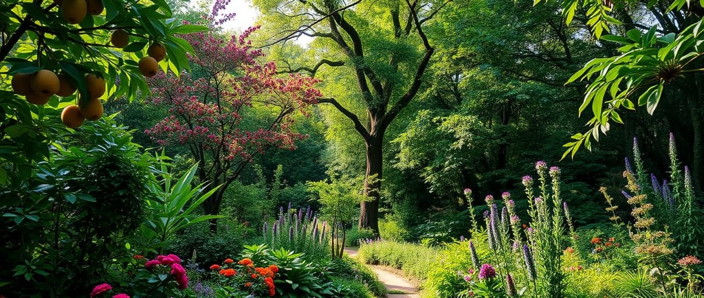 Lush food forest filled with diverse fruit trees, vibrant berry bushes, and flowering herbs, dappled