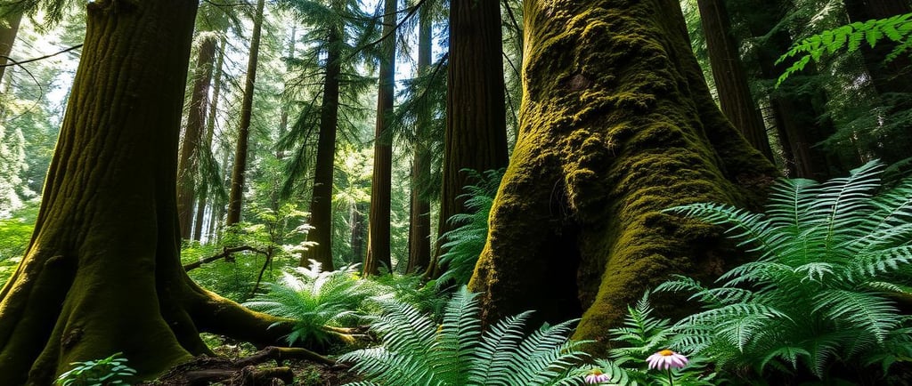 forest scene featuring towering evergreens, moss-covered tree trunks, vibrant ferns,