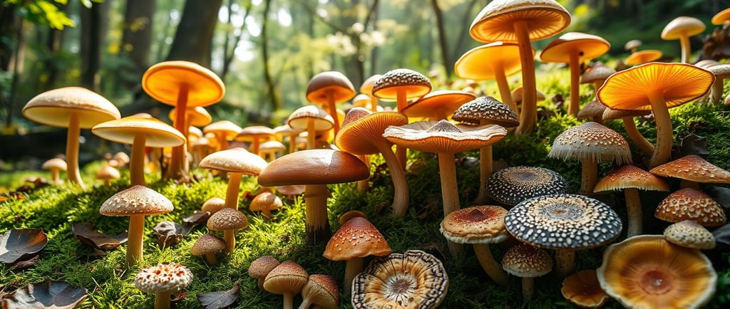  a vibrant forest scene filled with diverse wild medicinal fungi