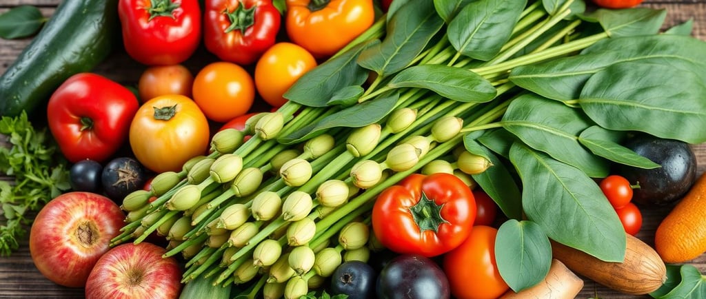 moringa leaves with pods surrounded by fruits and veggies