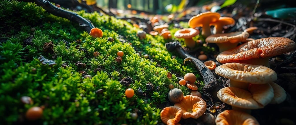  a close-up view of vibrant green moss intertwined with various types of fungi 