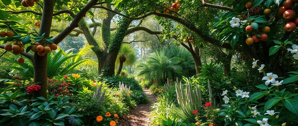 fruit trees, bushes, shrubs, flowers and a path