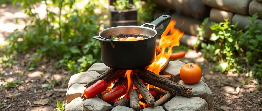  a DIY rocket stove in woods with pot simmering over fire