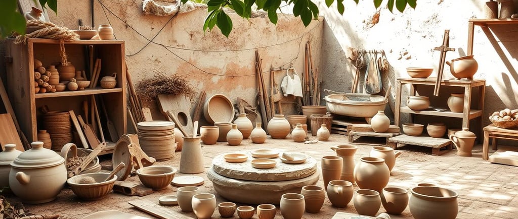 A potter's workspace surrounded by wild clay sources, featuring a variety of pottery tools,