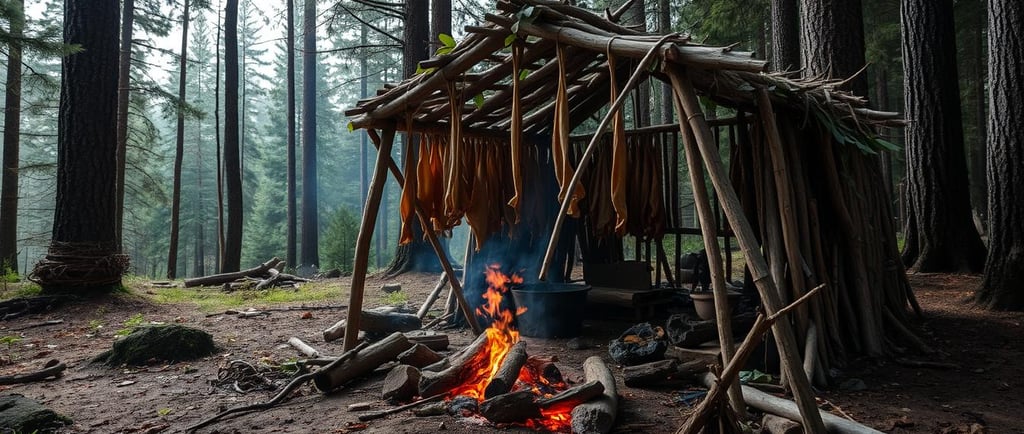 a primitive smokehouse made of sticks and leaves
