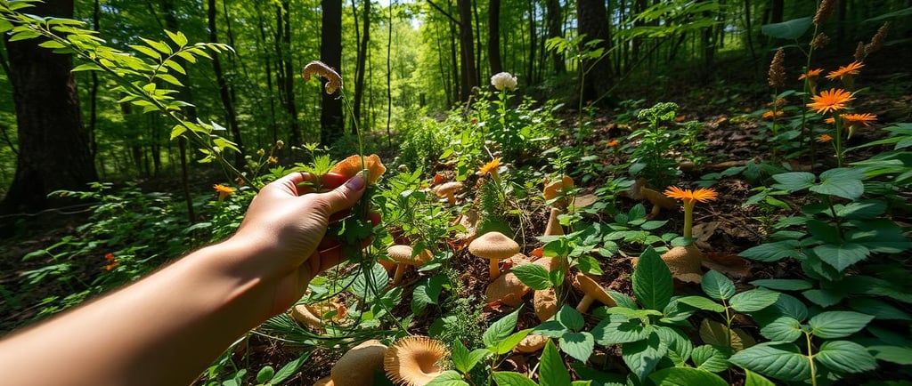 a hand reaching to pick foraged items in lush forest
