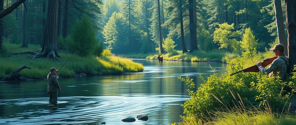 A serene forest landscape with a fisherman casting a line into a tranquil river, while nearby, a hun