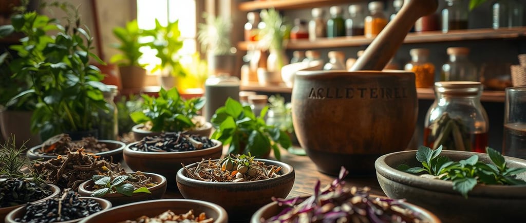 An array of medicinal plants and dried herbs in rustic ceramic bowls.