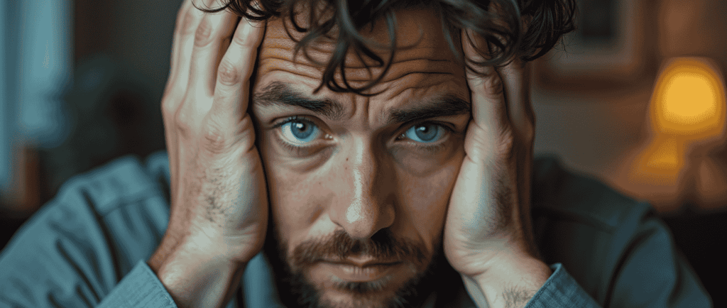 Man holding his head looking exhausted