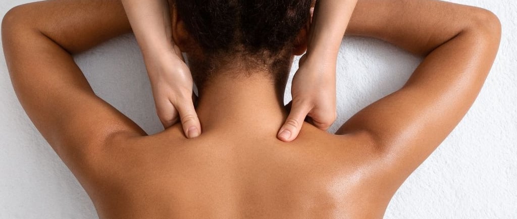 a woman is shown with a man's hands on her back