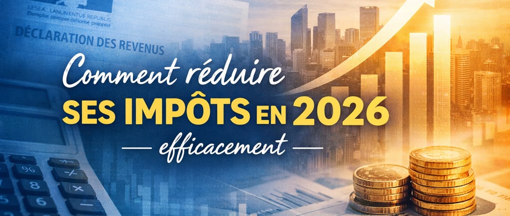 Bannière moderne illustrant la réduction des impôts en 2026, avec une déclaration fiscale, un graphi