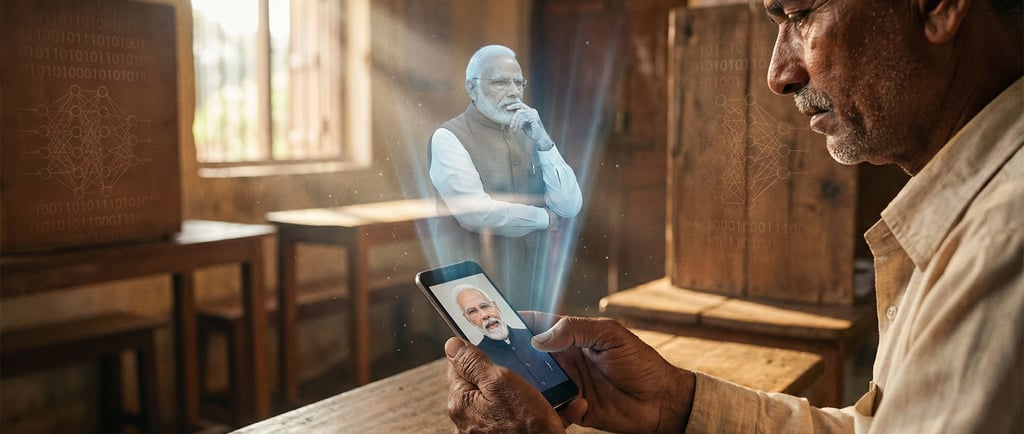 AI Avatar of Indian politician popping out of mobile screen of an individaul