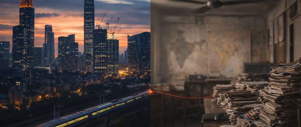 A left side shows Shenzhen skyline and the right side shows an Indian govt office full of files