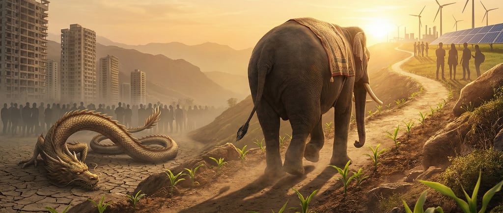 Exhausted China depicted as resting dragon, India (emephant) moving ahead