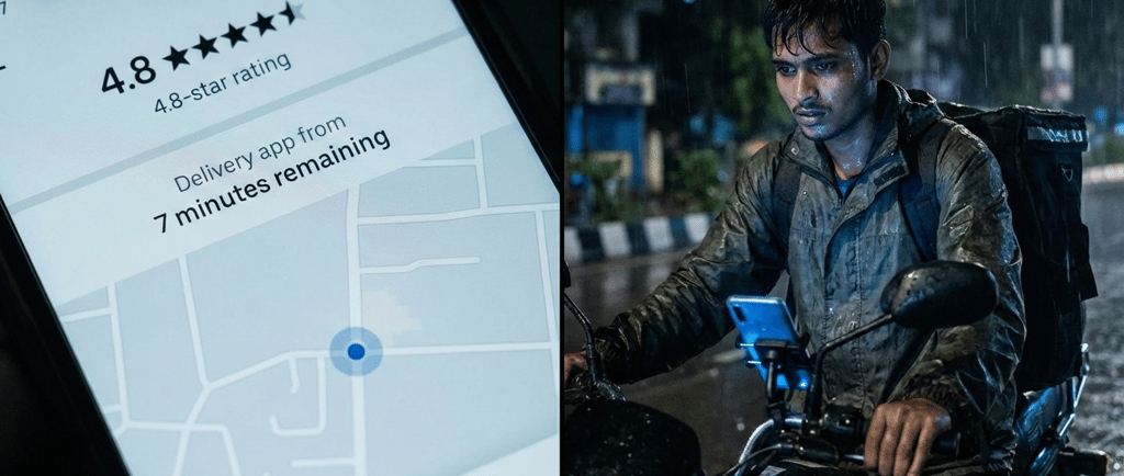 An Indian Gig worker trying to fulfil delivery in tough conditions 