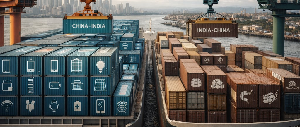 Left side shows a giant ship with chinese exports and right side show a smaller ship with Indian