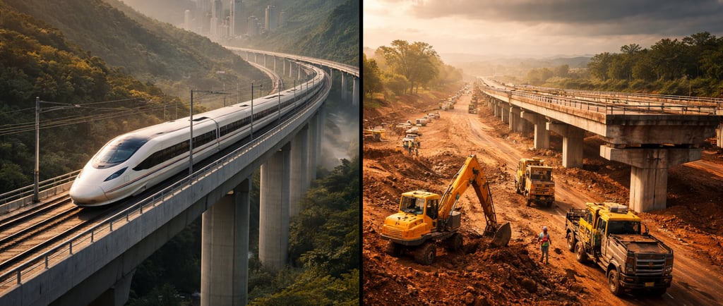 Chinese highspeed train on the left, highway under construction in India - representative image