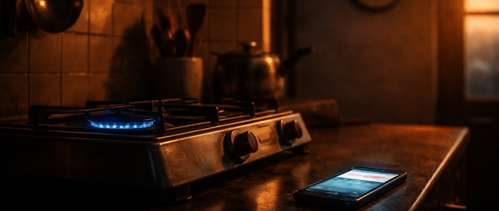 A dimly lit gas stove and mobile text about LPG shortage AI image