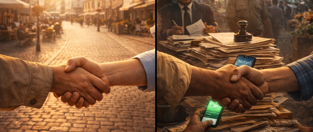 A high-trust society on the left, less-trust society on the right