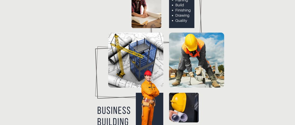 a business building with a construction worker in a helmet