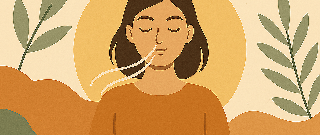 женщина с закрытыми глазами спокойно дышит, мягкие светлые линии показывают вдох и выдох через нос. 