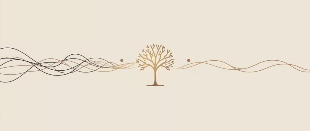 Абстрактные линии переходят от хаоса к гармонии вокруг дерева. Символ внутреннего баланса и успокоен