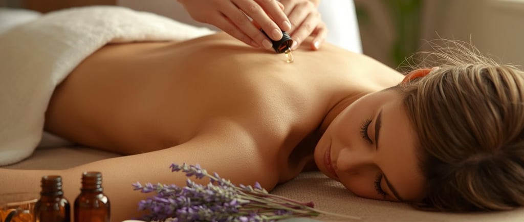 Человек лежит на массажном столе, на его спину наносят ароматическое масло. Сцена передаёт расслаб.