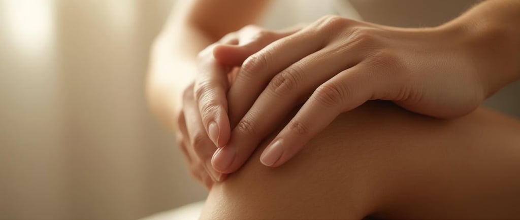 Руки, осторожно держащие колено. Символ боли или воспаления в суставах.