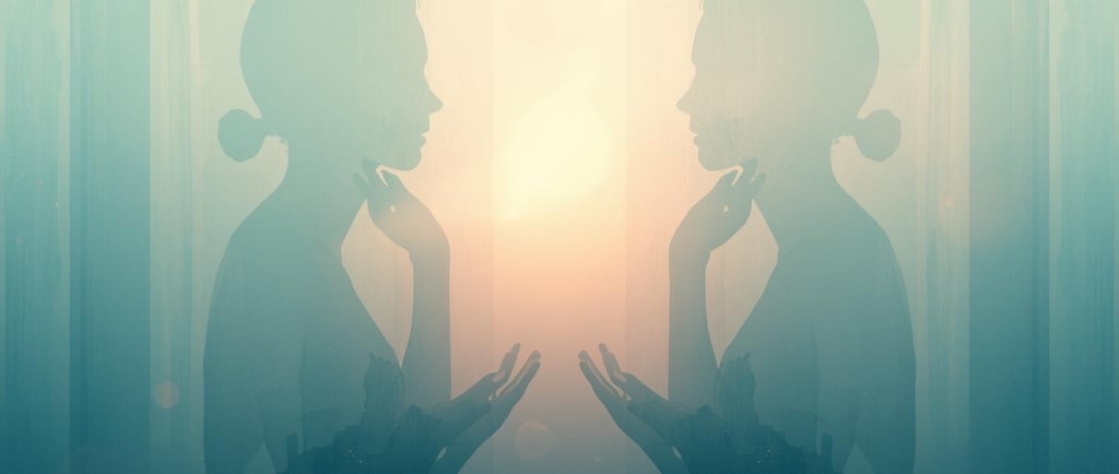 два зеркальных силуэта женщины смотрят друг на друга в мягком рассеянном свете.