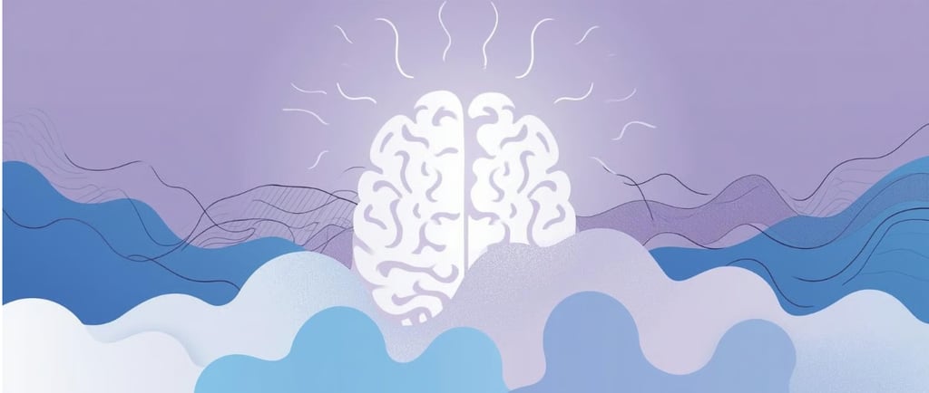 Иллюстрация мозга, окружённого мягкими волнами и линиями. Символ мыслей, эмоций