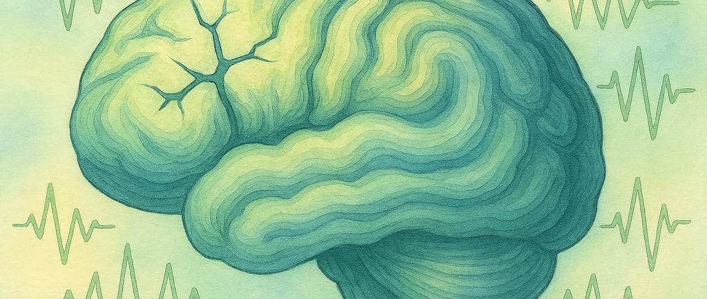 На изображении человеческий мозг в успокаивающих голубовато зелёных тонах, с лёгкой трещиной в вер