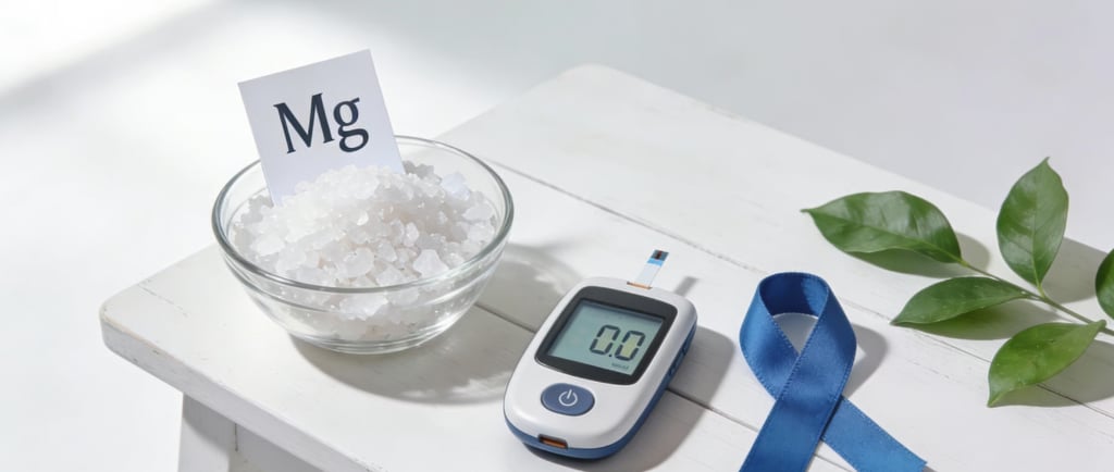 На столе находятся кристаллы с обозначением магния (Mg), глюкометр и синяя лента