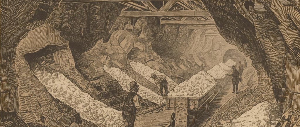 Старинная иллюстрация шахты с рабочими, добывающими минералы под землёй. Видны вагонетки и тоннели