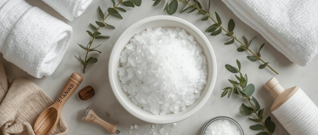 Миска с кристаллами соли и спа-аксессуары. Символ ухода за телом и расслабления.