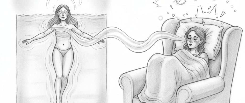 женщина расслабленно лежит на воде, а рядом  спит в кресле