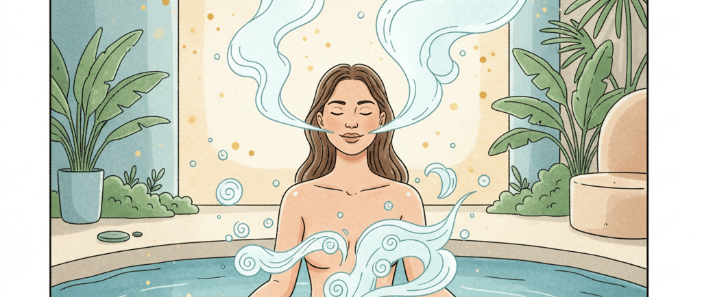 женщина с закрытыми глазами спокойно сидит в воде, расслабляясь. Вокруг неё изображены мягкие, волно