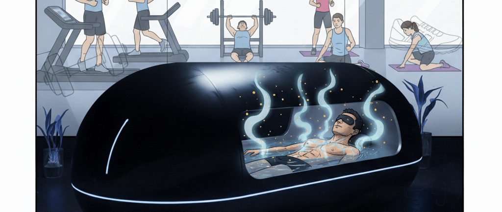 человек, испытывающий флоатинг, вокруг которого расположены фигуры людей, занимающихся различными ви